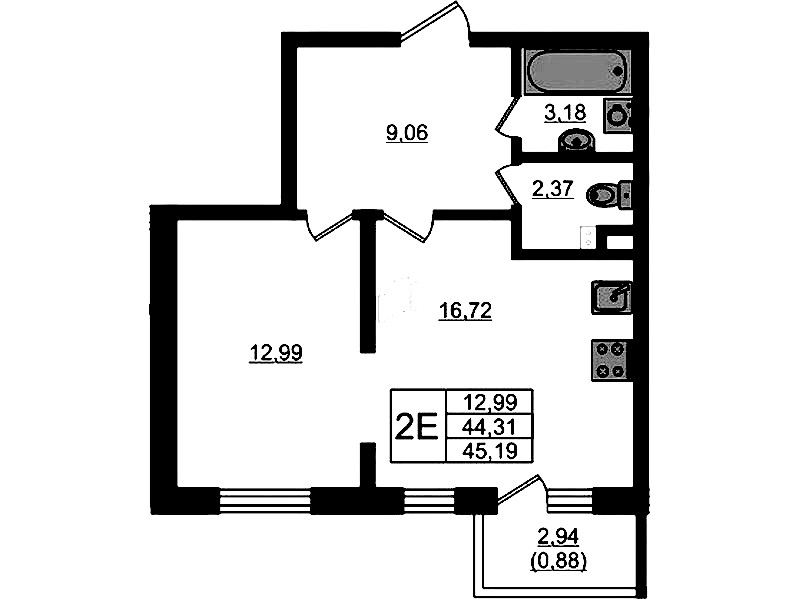 1-комнатная квартира 45.19 м², 2/4 эт., ЖК «Новая история»
